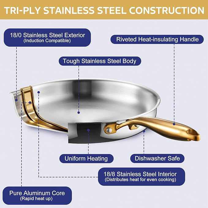 Triple Ply Stainless Steel Pots and Pans Set, EWFEN 12 Piece Induction Cookware Set, Oven Dishwasher Safe | Frying Pans, Saucepans, Saute Pan & Stock Pot, PFOA Free Kitchen Skillet, Gold