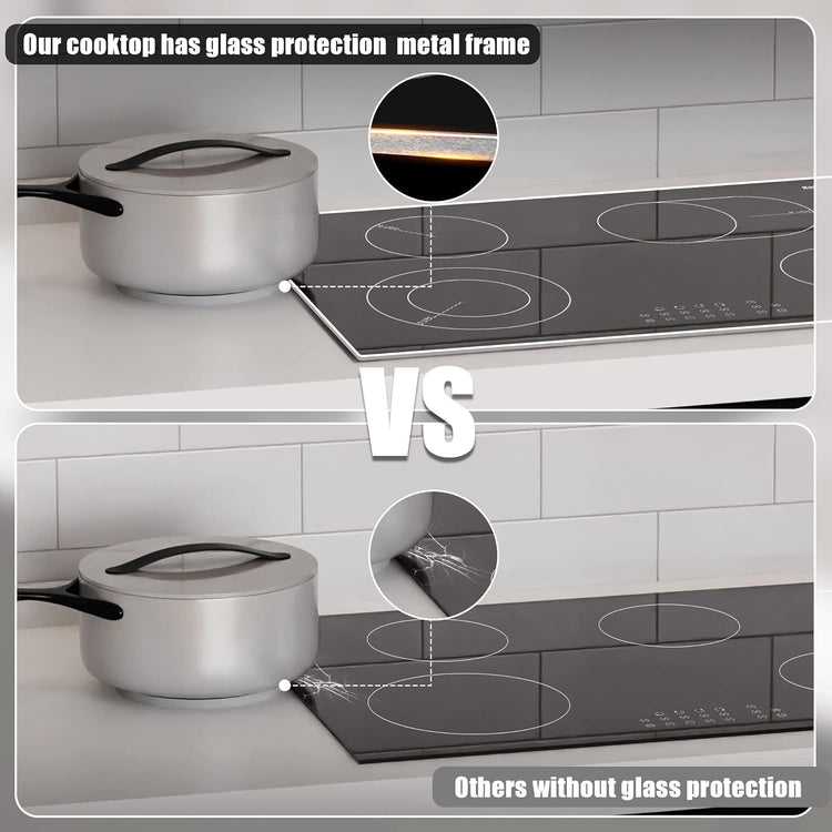 Karinear 30 Inch Electric Cooktop 4 Burners, Built-in Electric Stove top with Glass Protection Metal Frame, Expandable Burners, Multi-function Ceramic Cooktop, 220-240v Hard Wire, No Plug