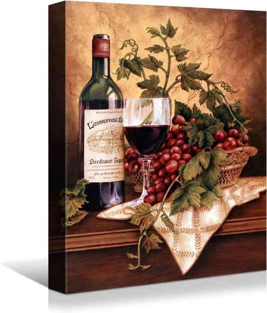Looife Kitchen Wine Bottle Canvas Wall Art, 12x18 Inch Vintage Red Wine Glass Cup with Grapes Picture Prints Wall Decor, Modern Art Deco for Dining Room and Bar Wall Decoration