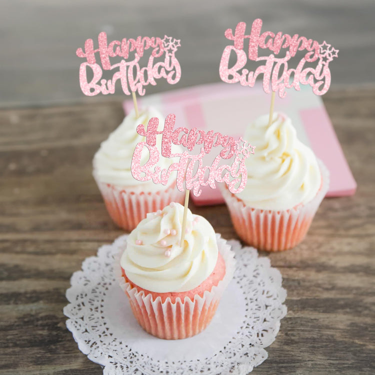 24Pcs Pink Light Pink Happy Birthday Cupcake Toppers for Baby Shower (24 Count)
