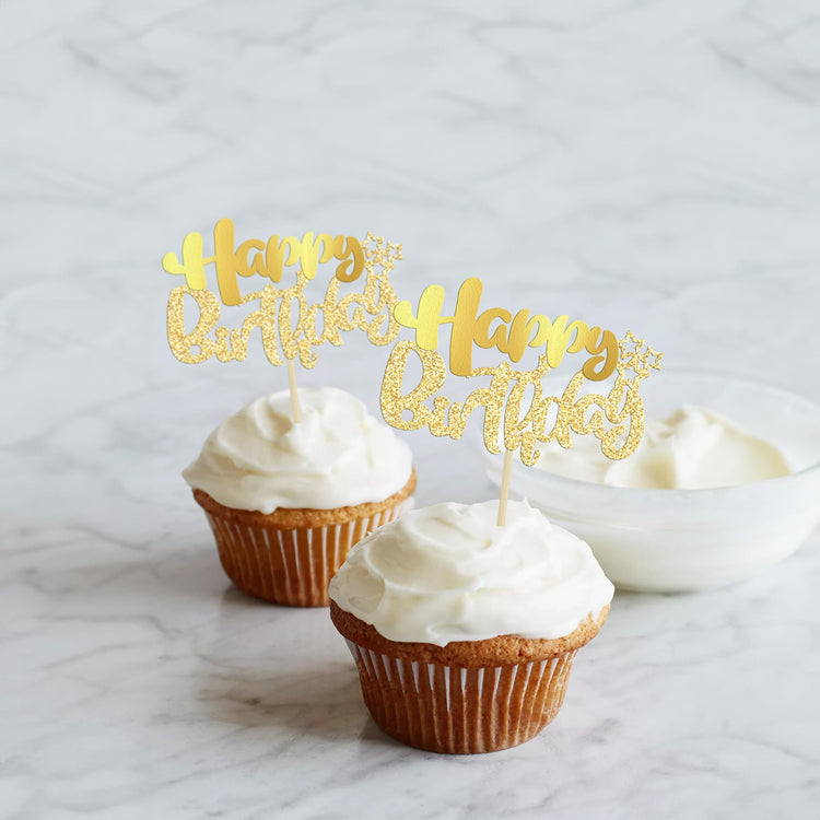24Pcs Gold Metallic Happy Birthday Cupcake Toppers for Birthday (24 Count)
