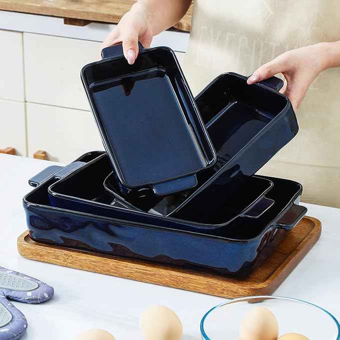 VICRAYS Ceramic Bakeware Set, Porcelain Rectangular Lasagna Pans Casserole Dish Set for Baking, Cooking, Kitchen, Cake Dinner, Banquet and Daily Use, 4 PCS, Blue(9.52"/11.06"/11.77"/14.56")