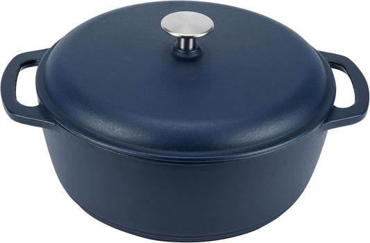 Amazon Basics Cast Iron Dutch Oven Pot with Lid, Enameled, Round, Dual Handles, Heavy-Duty, Medium, 6-Quart, Matte Navy - Nestoria