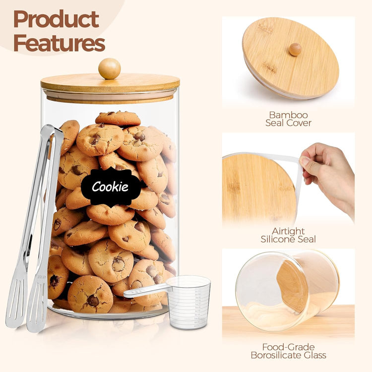 ComSaf 1 Gallon 2PCS flour sugar storage containers, Large Cookie Jar with lid, Glass Canisters with Lids, 128 OZ Food Storage Pantry Container with Spoon and Clip for Pasta, Oat, Baking Supplies