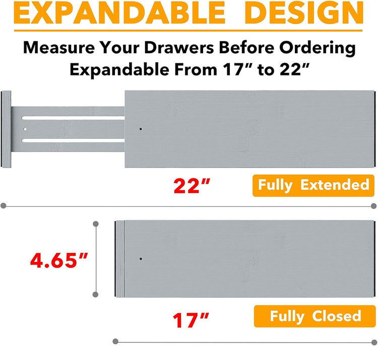 SpaceAid Bamboo Dresser Drawer Dividers 6 Pack, 4.65“ High Adjustable 17“-22” Drawer Organizers, Expandable Organization for Clothing, Clothes, Dressers, Gray