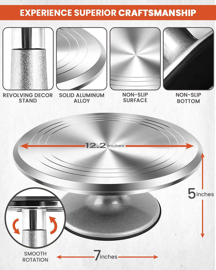 250 PCs Aluminum Cake Decorating Tools Kit with 12" Metal Turntable & Knife set