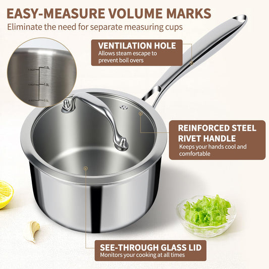 3 Ply Stainless Steel Sauce Pan Set with Lids (2 Count)