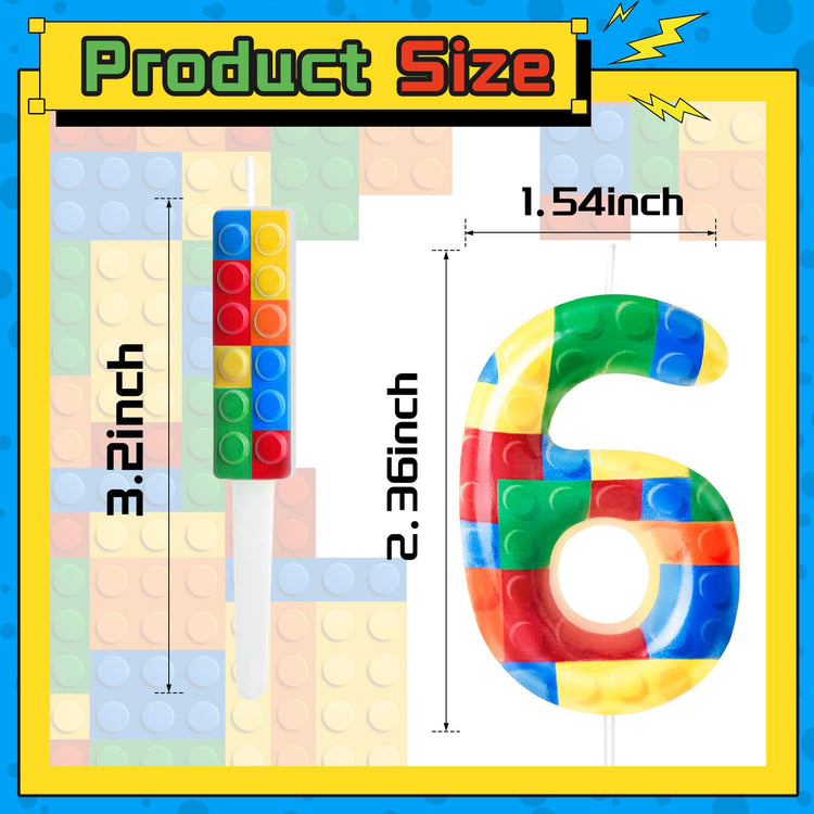 7 Pcs Building Block Themed Birthday Candles Set Building Blocks Number 6 Candle Cake Topper for Building Block Party Decoration Supplies (7 Count)