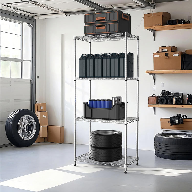 1000 lbs 4Tier Shelf Metal Storage Shelves Wire Rack Closet Organizers with Wheel for Garage Kitchen Bathroom Laundry Chrome 13.7" D x 23.6" W x 53.4" H (4 Count)