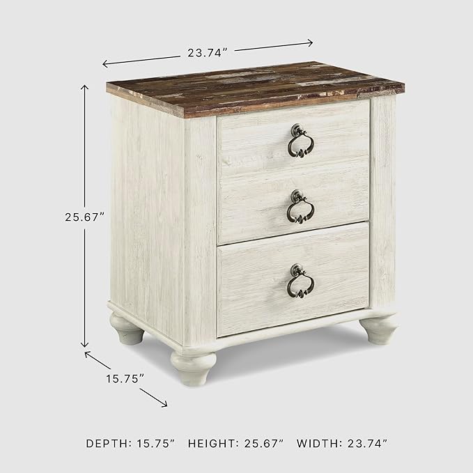 Signature Design by Ashley Willowton Farmhouse 2 Drawer Nightstand with USB Charging Ports, 25.67" Tall, Whitewash
