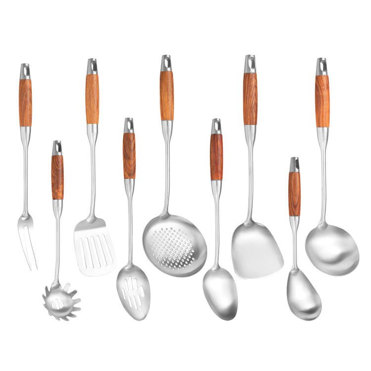 Stainless Steel Kitchen Utensils Set for Cooking Wooden Handle (9 Count)