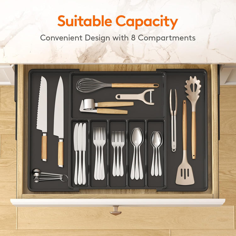 Lifewit Silverware Drawer Organizer, Expandable from 15.4 to 27 inches, Utensil Tray for Kitchen, Adjustable Cutlery Holder, Plastic Flatware Storage for Spoons Forks Knives, Extra Large, Black
