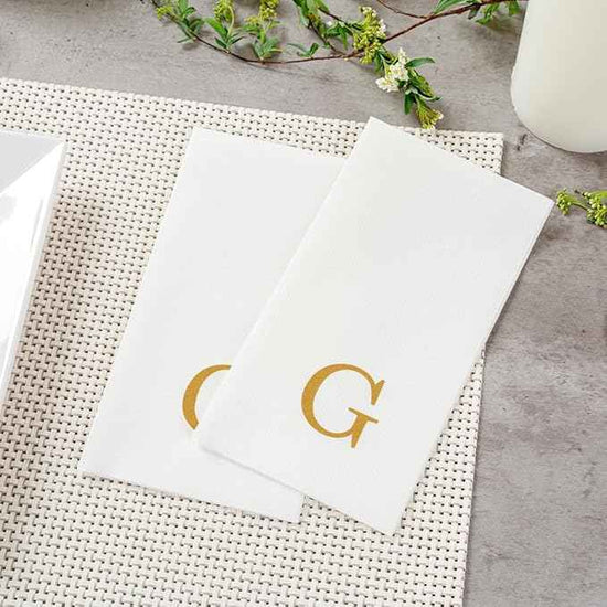 Luxenap 15.8 X 7.9 Inch Linen-Feel Guest Towels, 50 Lettered Hand Towels - Gold Letter 'G', Sans Serif Font, White Paper Dinner Napkins, airlaid, For Restrooms And Tables - Restaurantware