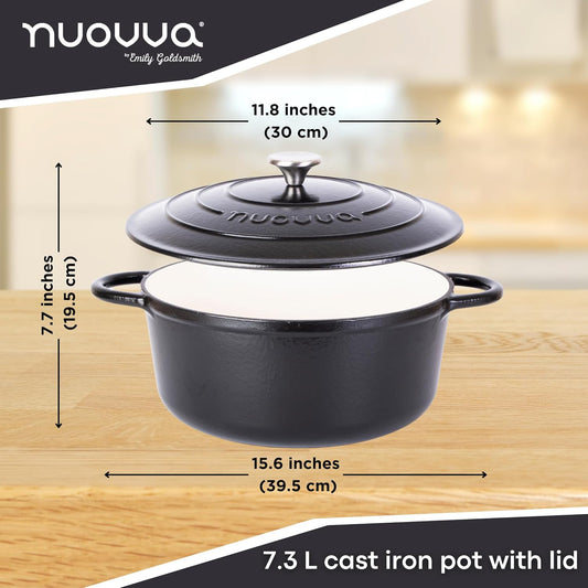 Cast Iron Dutch Oven with Lid – Non-Stick Ovenproof Enamelled Casserole Pot – Sturdy Dutch Oven Cookware – Black, 7.3-Quart, 30cm – by Nuovva - Nestoria