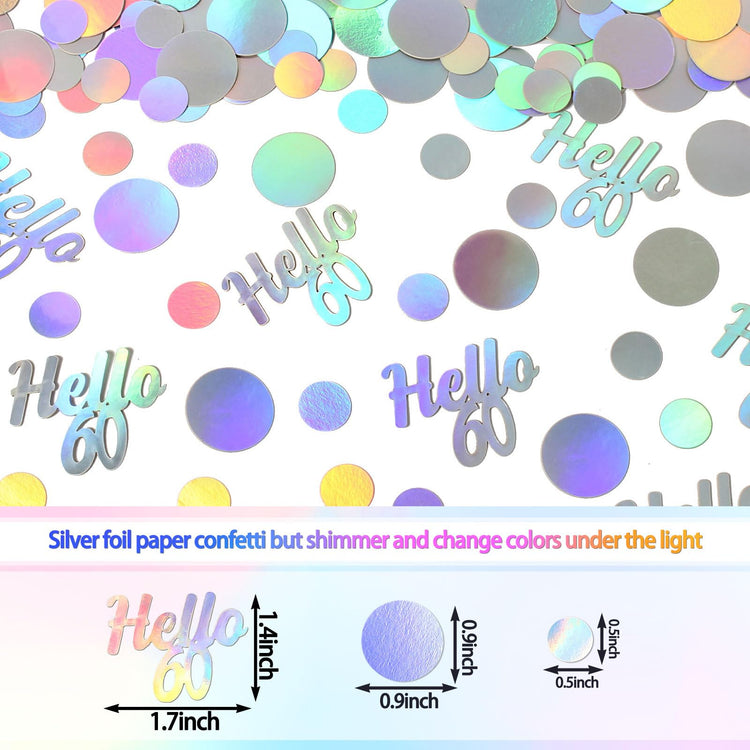 Hello 60 Birthday Confetti for Table Iridescent 60th Birthday Party Decorations for Women Sixty Years Old Happy Birthday Tables Scatter Circle Dots Party Confetti Anniversary Decor 300PC (230 Count)