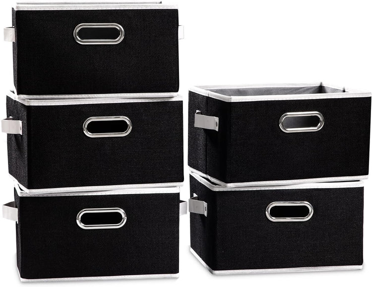 PRANDOM Large Collapsible Storage Bins for Closet [5-Pack] Decorative Fabric Storage Baskets Cubes with Leather/Metal Handles for Shelves Bedroom Living Room Black (14.9x9.8x8.3 Inch)