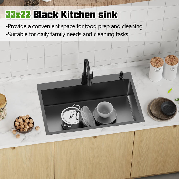 Black 33x22In Drop In Kitchen Sink