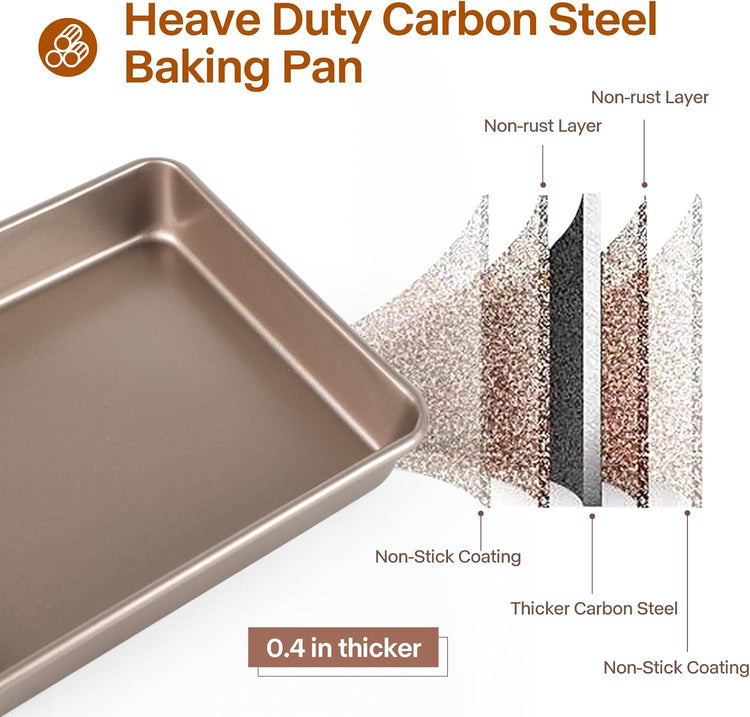 Rectangle Cake Pan, 9x11 Baking Pan, Deep Bread Pan Nonstick, Toaster Oven Tray Bakeware for Brownies, Heavy Duty, 11x9x2 Inch, Pack of 2, Gold, Easy Release