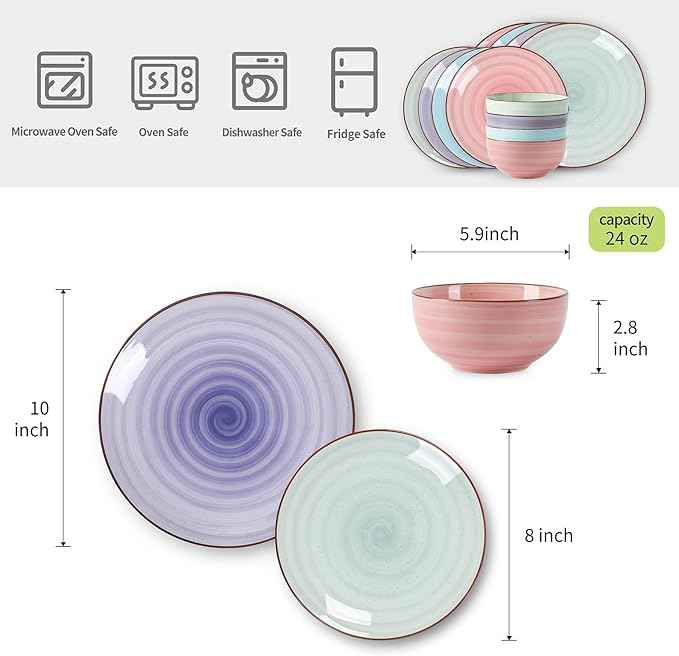 Selamica Ceramic 12-Pieces Dinnerware Sets, Scratch Resistant Plates and Bowls Sets, Handpainted Swirl Dishes Set for 4 with Spray Black Dots, Dishwasher&Microwave Safe, Gradient Color