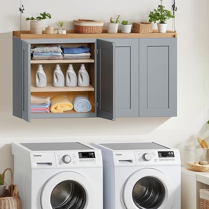 30 Inch Laundry Room Cabinets Wall Mounted, Solid Wood Over The Toilet Storage Cabinet, Bathroom Organizer Cabinets with 2 Door & Shelves, Easy to Assemble for Kitchen, Garage - Dark Gray