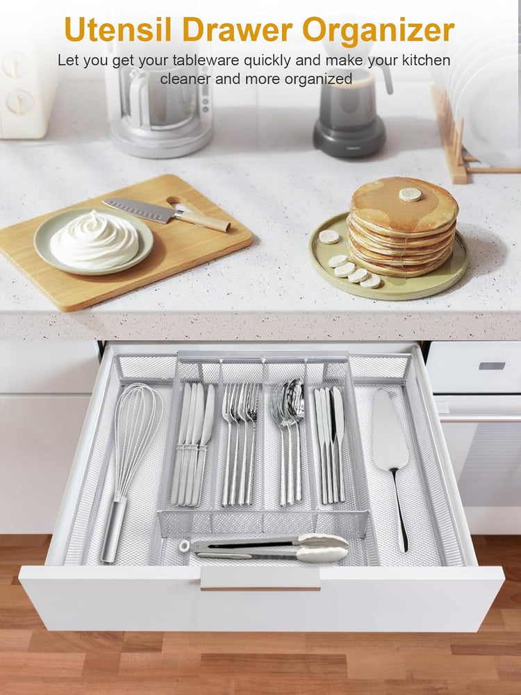 Silverware Organizer Metal Mesh, Drawer Organizer, Utensil Cutlery Tray Expandable Flatware Organizer with 7 Compartment Silver 9.4"~17.3" x 13.7"