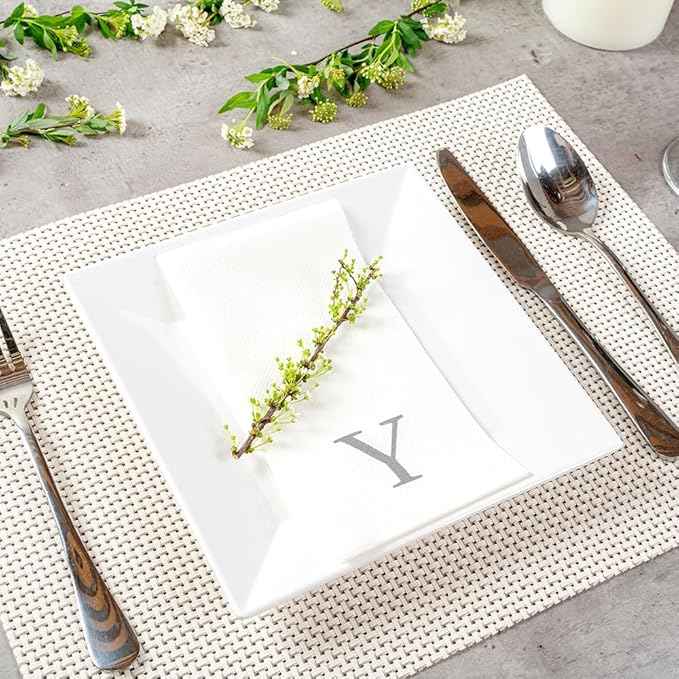 Luxenap 15.8 X 7.9 Inch Linen-Feel Guest Towels, 50 Lettered Hand Towels - Silver Letter 'Y', Sans Serif Font, White Paper Dinner Napkins, airlaid, For Restrooms And Tables - Restaurantware