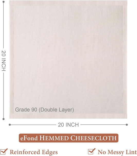 eFond Cheese Cloths | 4-Pack Double Layers, 20x20Inch Squares with Hemmed Edges | Grade 90 Reusable Cheesecloth for Straining | Unbleached Cotton Muslin Cloths | For Nut Milk, Butter, Baking & Cooking