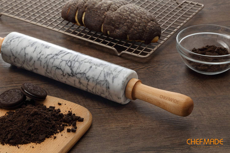 18 Inch Marble Rolling Pin with Wooden Handles and Cradle