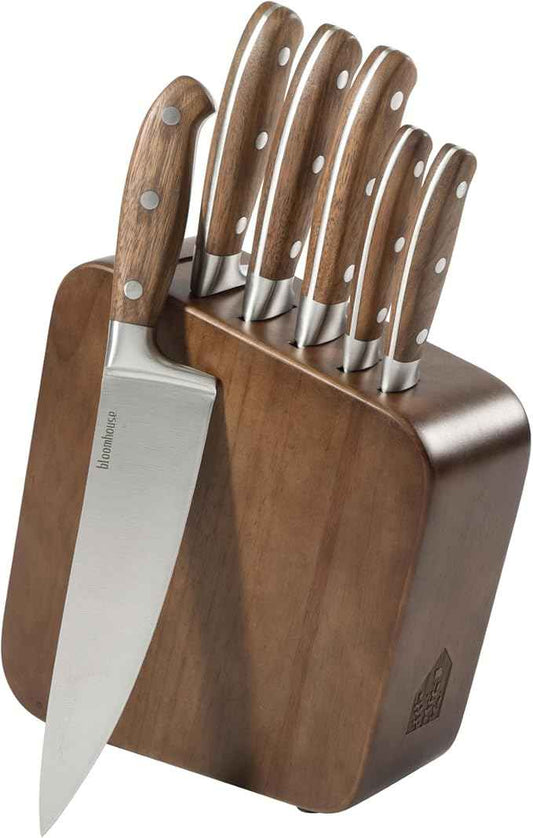 Bloomhouse 7 Piece Italian Walnut Wood Knife Block Set W/German Steel Forged Knives