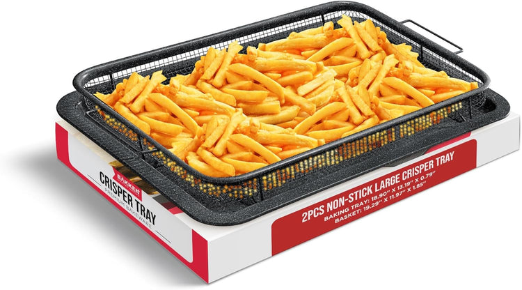 Crisper Tray Gray marble Coating - 2-Piece Set, Non-Stick Basket Design for Healthier Cooking in Regular Ovens - Make Great Crispy Food, Bacon and More, Extra Large Size 19" x 13"