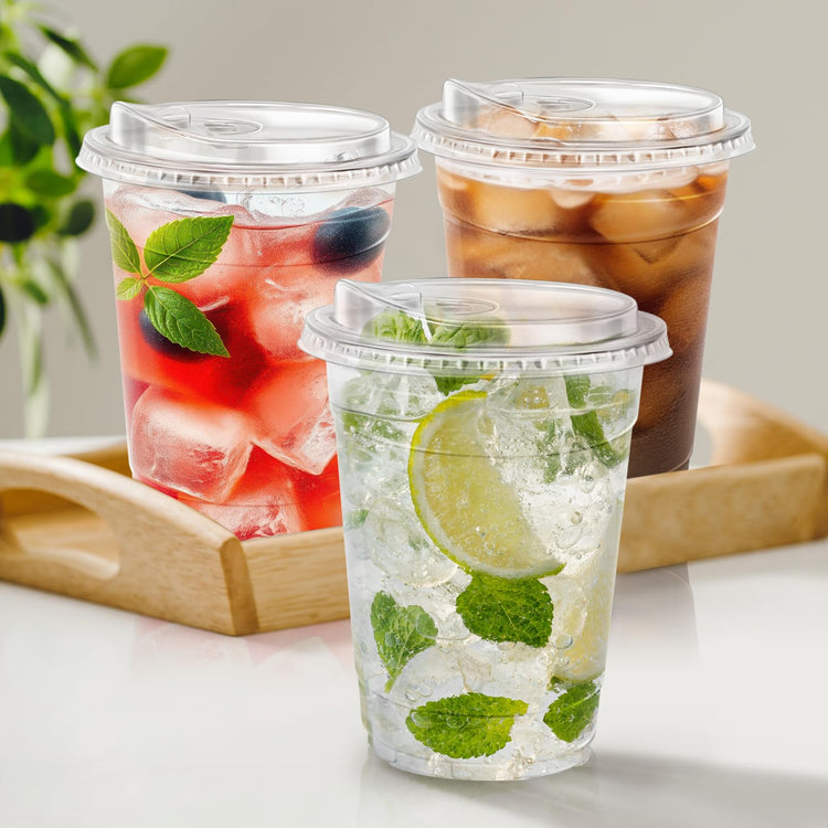 100 Pack 16 oz Clear Plastic Cups with Sip Lids (100 Count)