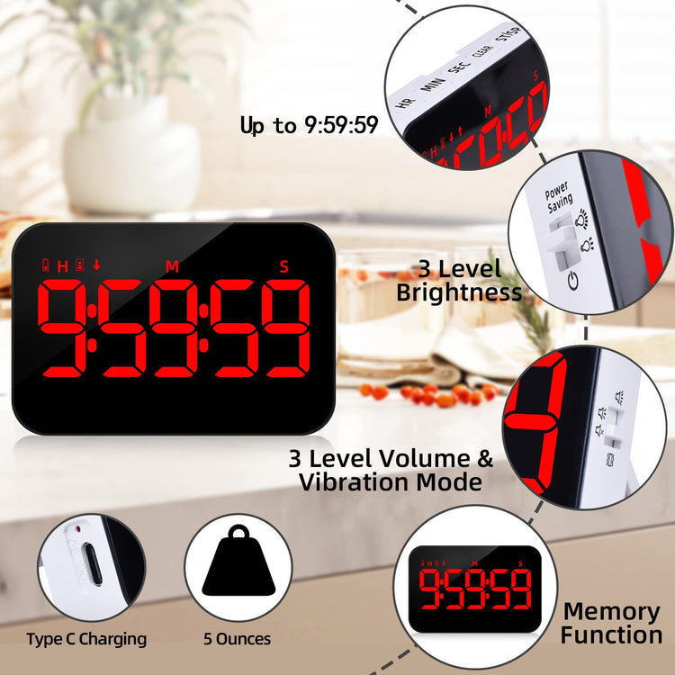 Digital Timer Kitchen Timer Count Down Up Rechargeable Kitchen Gadgets Vibration Mode Adjustable Volume and Brightness LED Display Time Management for Cook