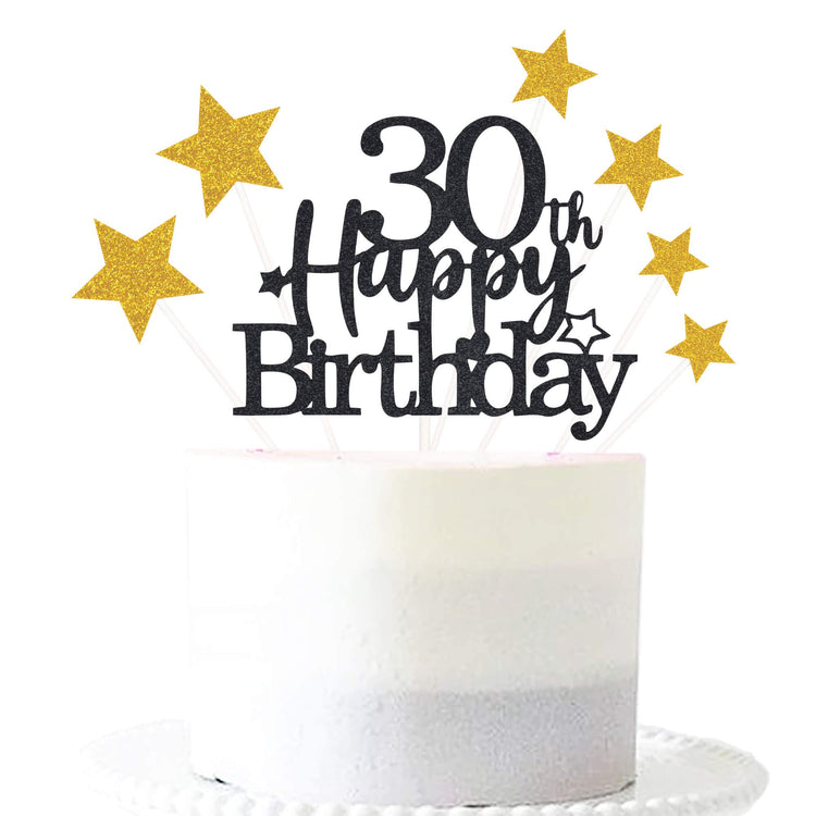 Black Gold 30th Birthday Cake Topper with Glittery Stars (7 Count)