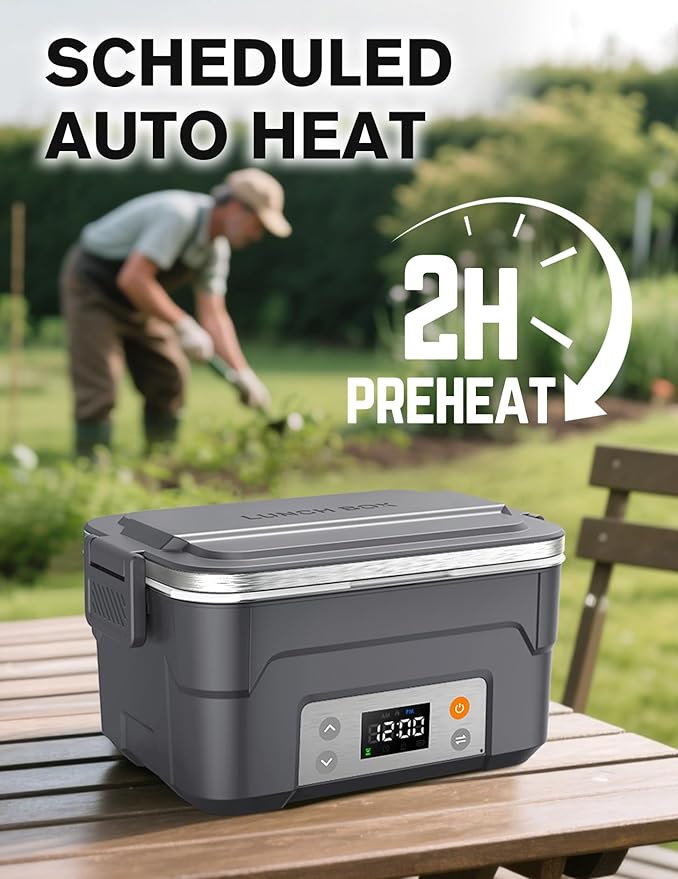 EAST OAK XL 6.3-Cup Cordless Electric Lunch Box for Adults, Heated Lunch Box for Men with Scheduled Heating, Portable Car Food Warmer with Utensils, Two-Tier Bag, Removable Divider
