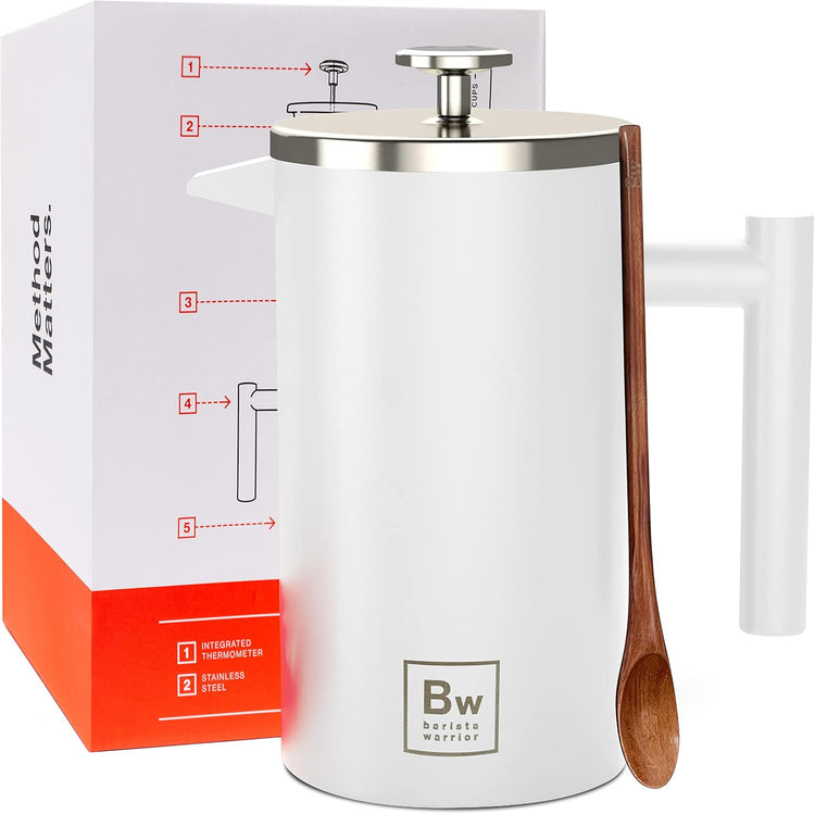 Barista Warrior French Press with Thermometer - Insulated Coffee Press - Stainless Steel Coffee Maker (1.0L | 34 fl oz) (White)
