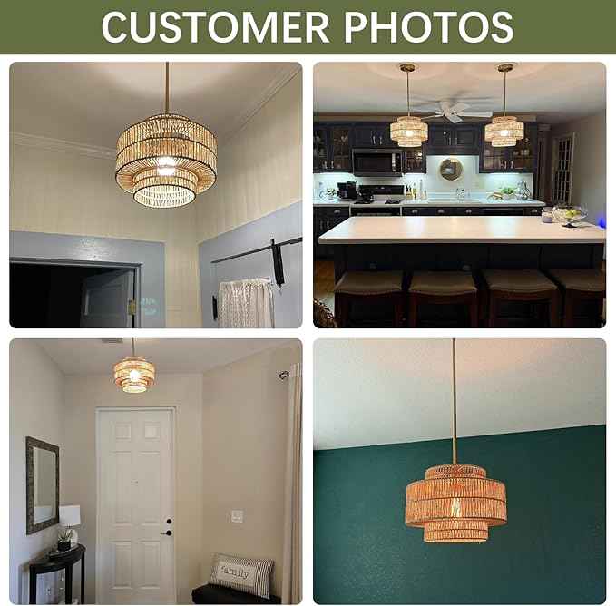 12.4” Boho Rattan Chandelier Light Fixture, 1-Light Hand Woven Pendant Light Fixture Farmhouse Rustic Hanging Lamp for Kitchen Island Bedroom, Dining Room, Living Room, Entryway, Foyer