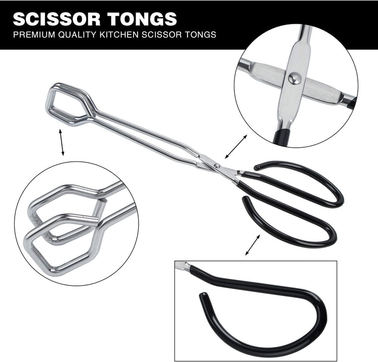 MSY BIGSUNNY Stainless Steel Scissor Tongs Heavy Duty Cooking Tongs with Soft Handles (1, black 10")