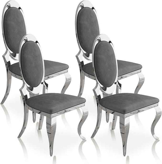 Modern Dining Chairs Set of 4, Luxury Velvet Upholstered Armless Dining Room Chair with Mirrored Stainless Steel Silver Legs, Mid Century Accent for Wedding Party Banquet Reception, Grey