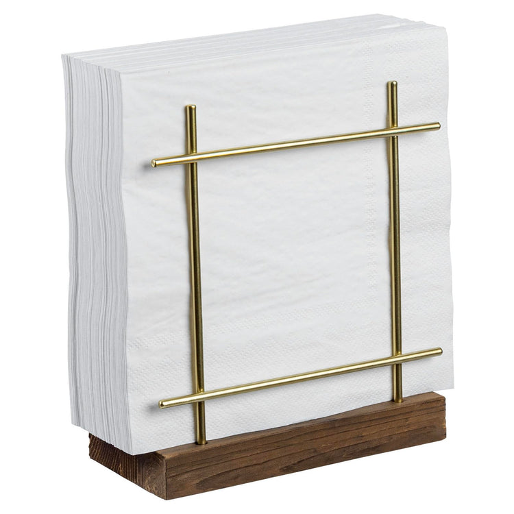 Brass Tone Wire Metal Napkin Holder With Wood Base