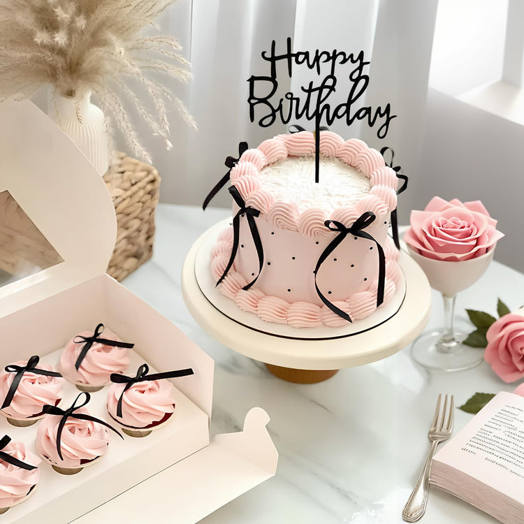 Black Bow Cake Topper Bowknot Ribbons Cupcake Toppers Bow Cake Decorations (7 Count)