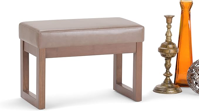 SIMPLIHOME Milltown Small Ottoman Bench - 27 inch Wide Upholstered Vegan Leather Rectangle Footstool Ottoman in Ash Blonde, Contemporary Bench for Bedroom or Living Room with Cushioned Seat, Assembled
