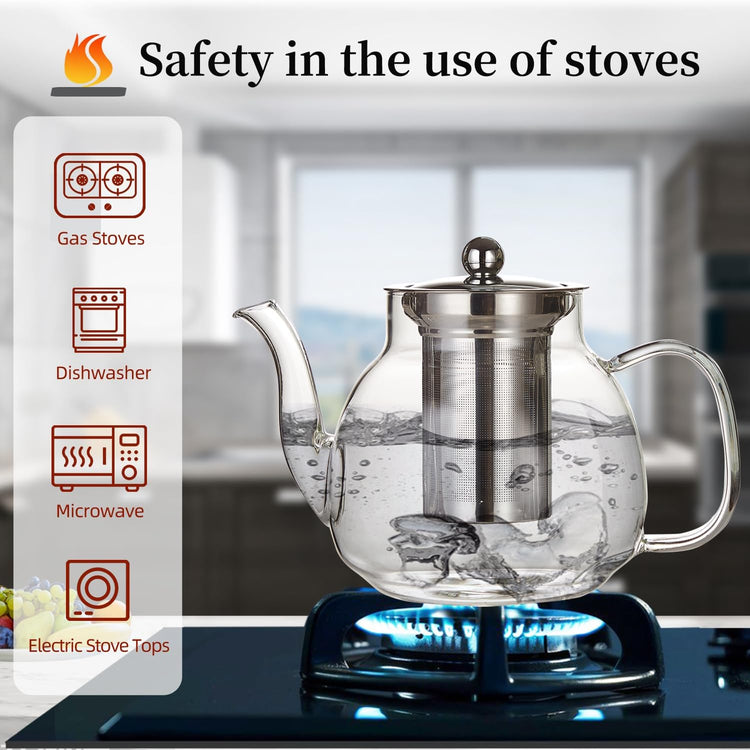 Glass Teapot with Removable Infuser - 37oz/1100ml Borosilicate Glass, Stovetop & Microwave Safe for Blooming & Loose Leaf Tea, Handmade Tea Maker Gift