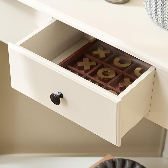 SAFAVIEH Home Collection – Gomez Distressed Cream Corner Accent Table with Drawer & Shelf, Space-Saving Triangular Design, Small Space Storage Table (AMH5709C)