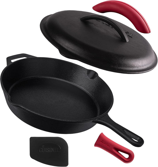 Cuisinel Cast Iron Skillet with Lid - 12"-inch Pre-Seasoned Covered Frying Pan Set + Silicone Handle & Lid Holders + Scraper/Cleaner - Indoor/Outdoor, Oven, Stovetop, Camping Fire, Grill Safe Cookware - Nestoria