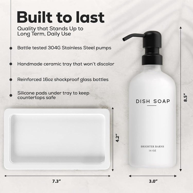 White Glass Hand and Dish Soap Dispenser Set by Brighter Barns - Kitchen Soap Dispenser Set with Tray for Kitchen, Home or Vacation Rental - Modern Kitchen Decor & Accessories (White)