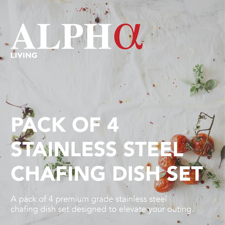 4 Pack Chafing Dish Full Set – Stainless Steel Catering Chafer with Lids, Pans & Fuel Holders – Buffet Food Warmers for Parties, Events & Weddings – Alpine Gray Handles