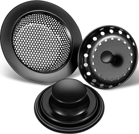Mudder 3 Pcs Kitchen Sink Drain Strainer and Stopper Stainless Steel Garbage Disposal Plug with Handle Universal Anti-Clogging Kitchen Sink Filter Sieve Basket Strainer(Black)