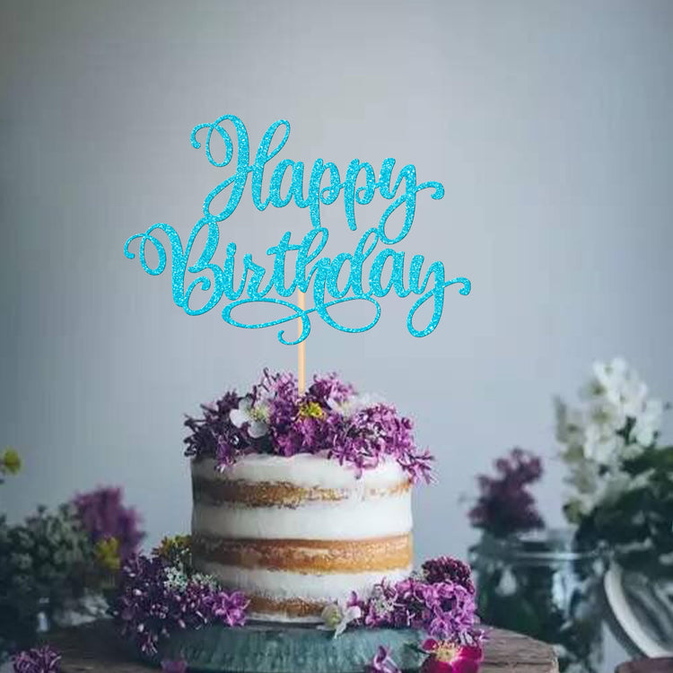1 PCS Happy Birthday Cake Topper Glitter Cake Pick for Celebrating Anniversary Party Cake Decorations Supplies Lake Blue
