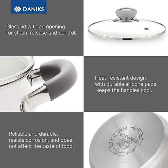 Daniks Modern 10-Piece Stainless Steel Cookware Set with Glass Lids, Includes Saucepan, Tri-Ply Bases for Even Heating, Induction Compatible, Dishwasher Safe, Heatproof Handles