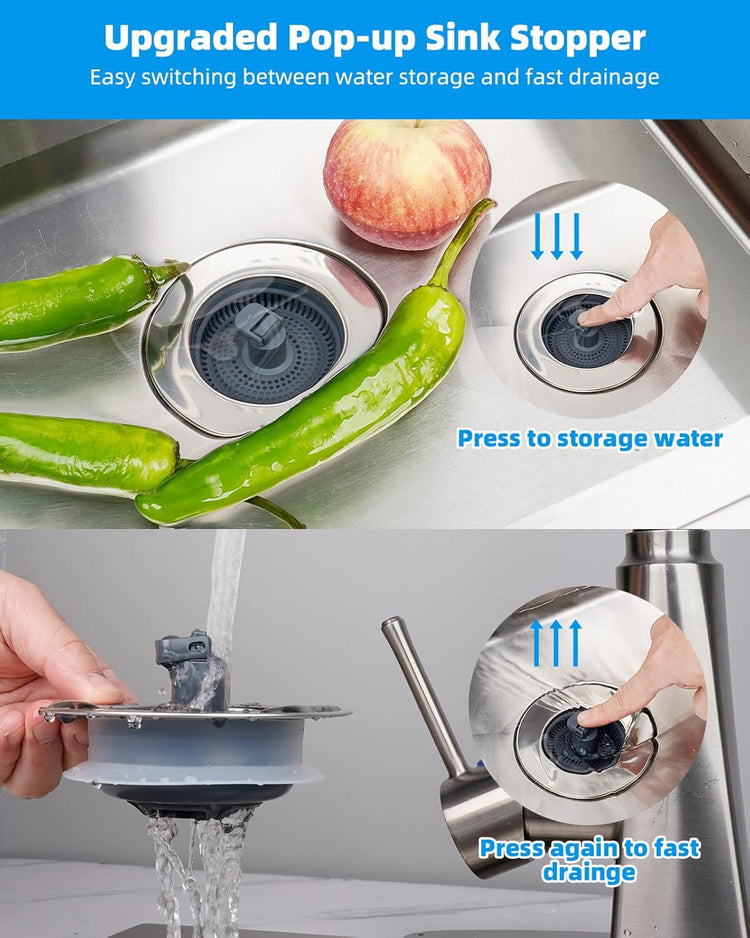 Hibbent 3 in 1 Kitchen Sink Drain Strainer and Stopper Combo, Chrome Stainless Steel Wraped Shell, Anti-Clogging Basket Strainer with Foldable Handle for US Standard 3-1/2" Drain